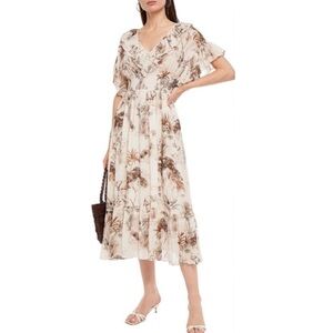 Sandro Natural Marro Ruffled Printed Gauze Midi Dress